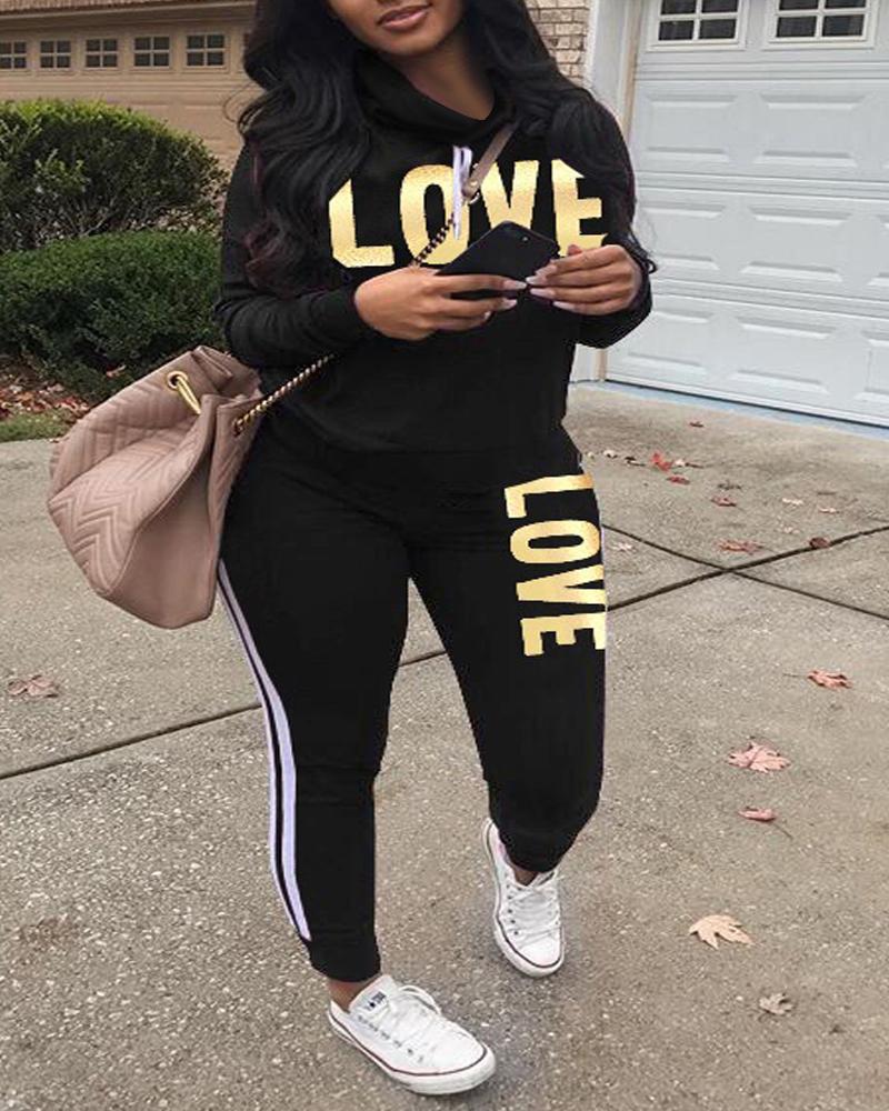 

Plus Size Letter Print Long Sleeve Top & Pants Set, Black