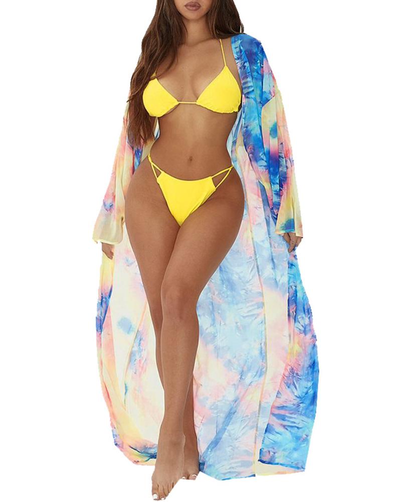 

Tie Dye Print Long Sleeve Mesh Longline Cover Up, Style3