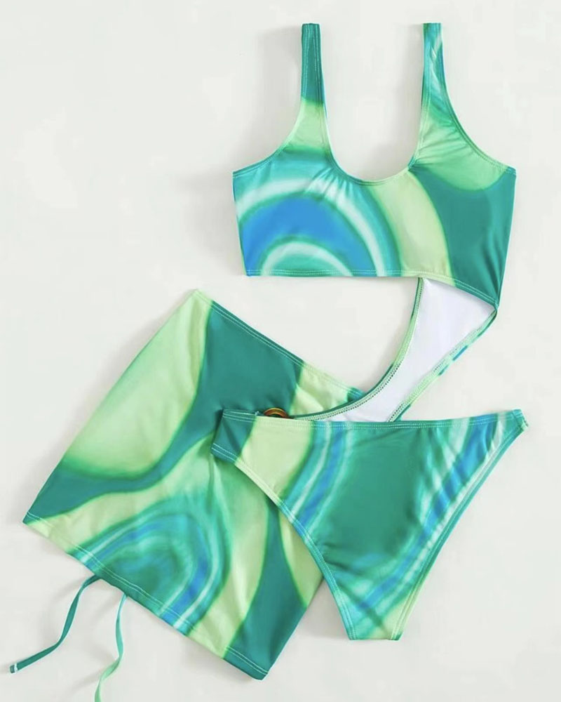 

Marble Print O-Ring One-Piece Swimsuit With Cover Up, Green