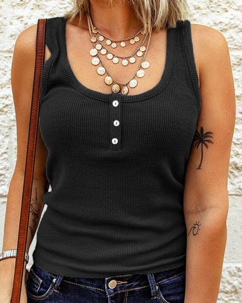 

Button Front Ribbed Tank Top, Black