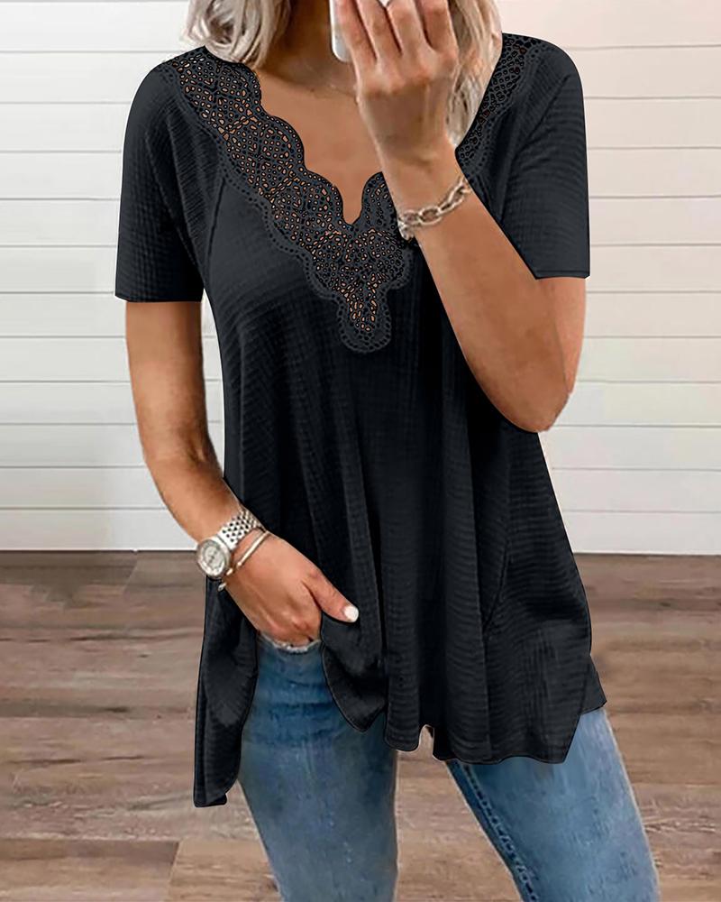 

V-Neck Crochet Lace Casual Top, Black