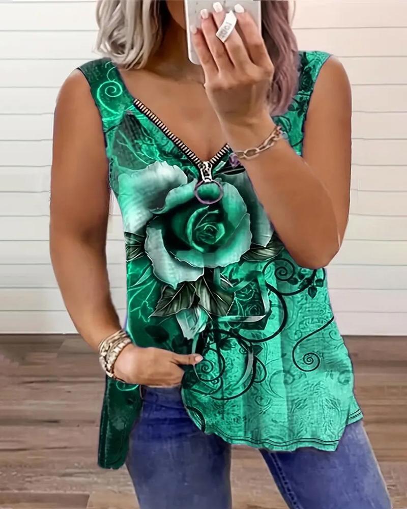 

Plus Size Floral Print Zipper Design Tank Top, Green