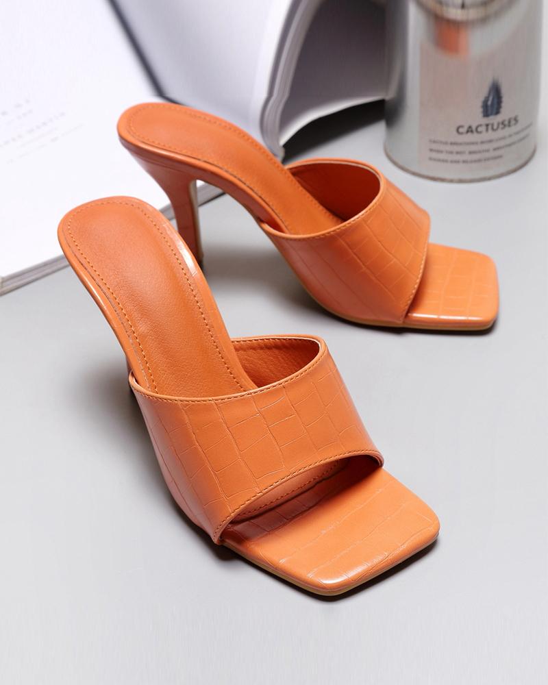 

Peep Toe Checked Pattern Heeled Sandals, Orange