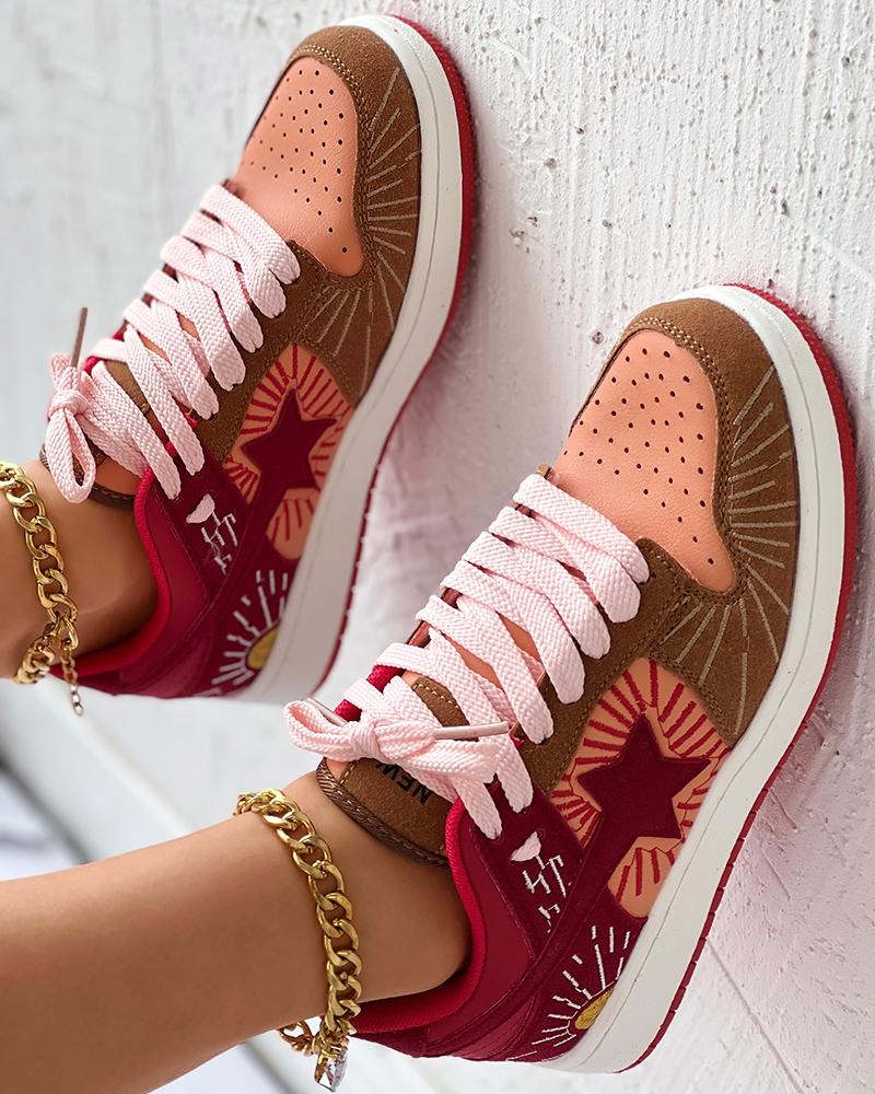 

Vintage Colorblock Star Pattern Sneakers, Red