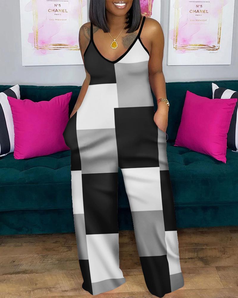 

Plus Size Geometric Print Spaghetti Strap Jumpsuit, Blackwhite