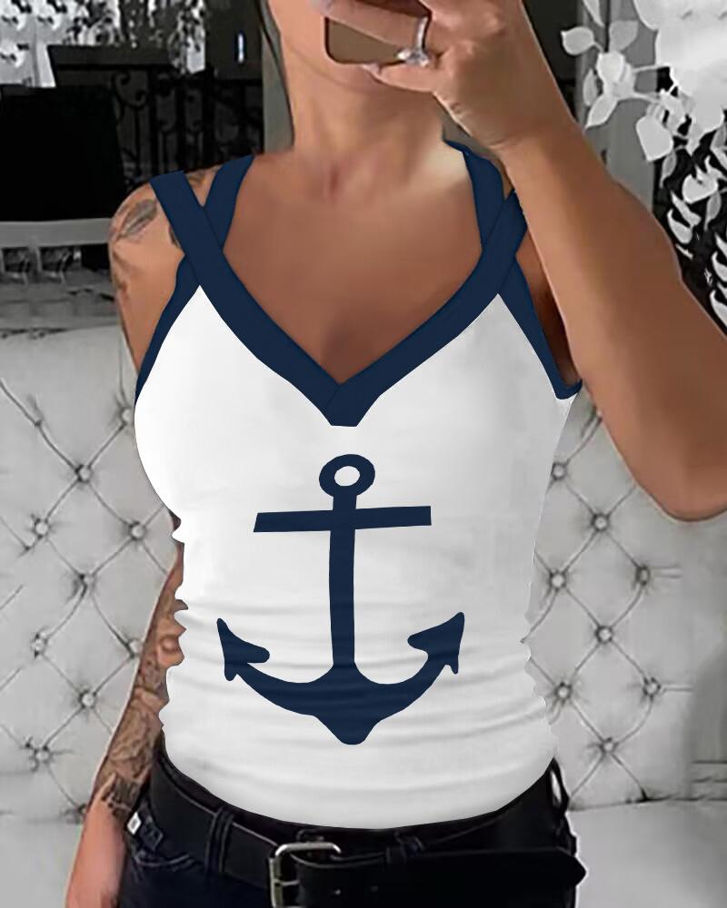 

Anchor Print V-Neck Tank Top, White