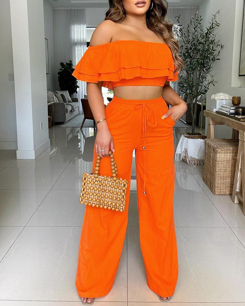 

Layered Ruffle Hem Off Shoulder Top & Pants Set, Orange