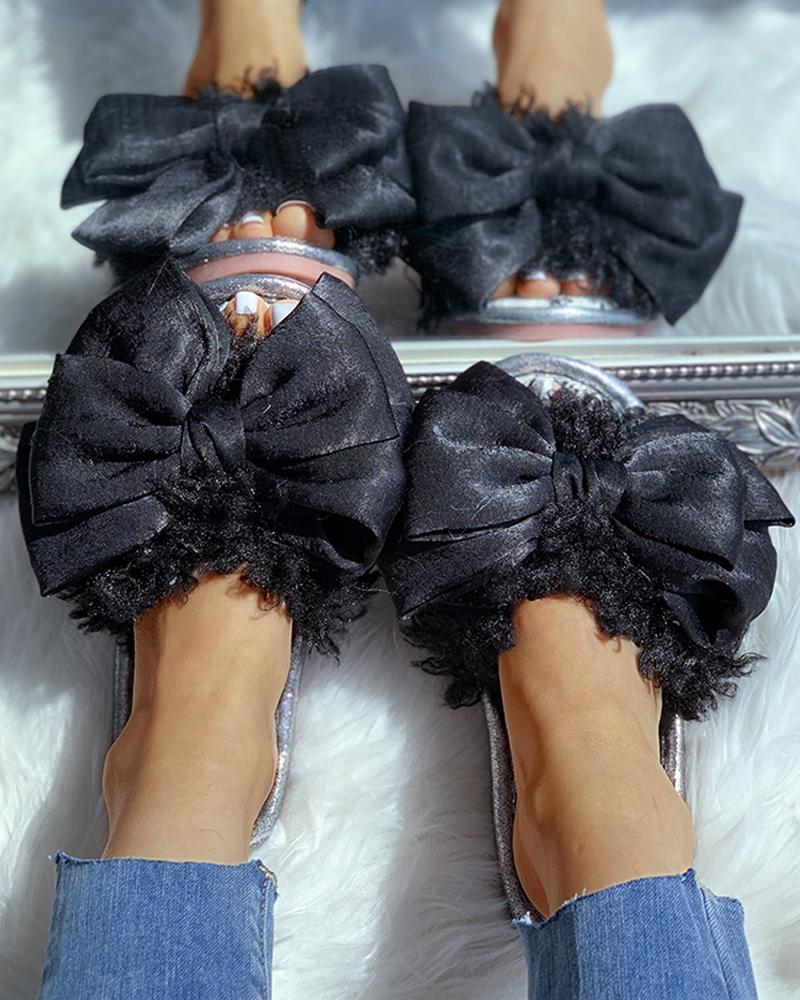 

Fluffy Bowknot Design Flat Slipper, Black