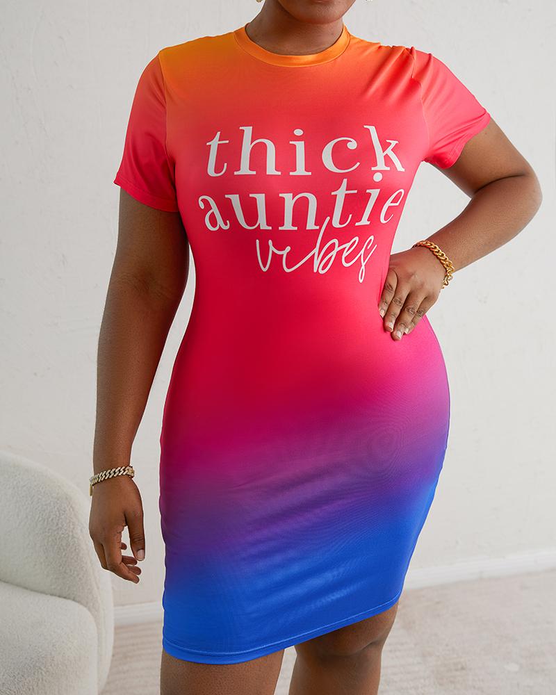 

Plus Size Thick Auntie Vibes Print Ombre Casual Tee Dress, Multicolor