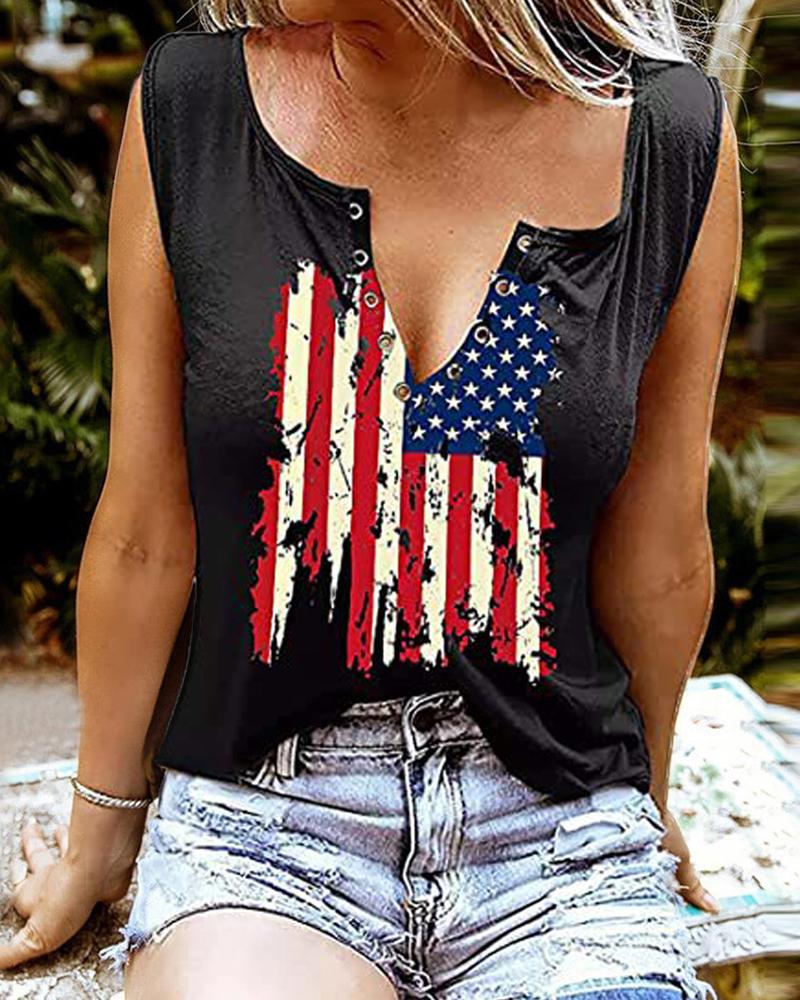 

Independence Day Flag Print Notch Neck Tank Top, Black