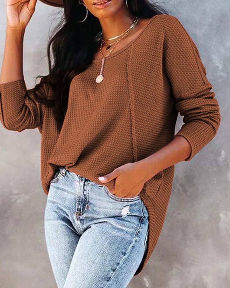 

Button Decor Knit Long Sleeve O-neck Top, Brown