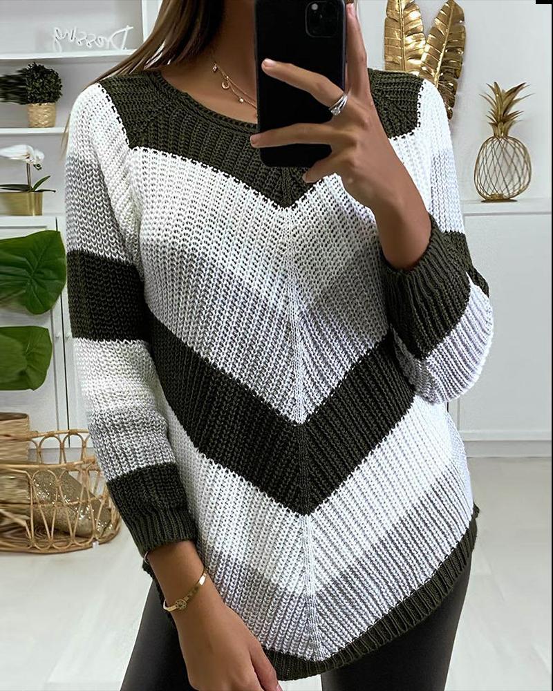 

Chevron Pattern Colorblock Long Sleeve Knit Sweater, Army green