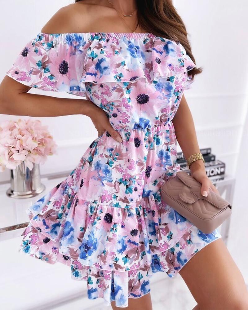 

Floral Print Off Shoulder Ruffle Hem Dress, Pink