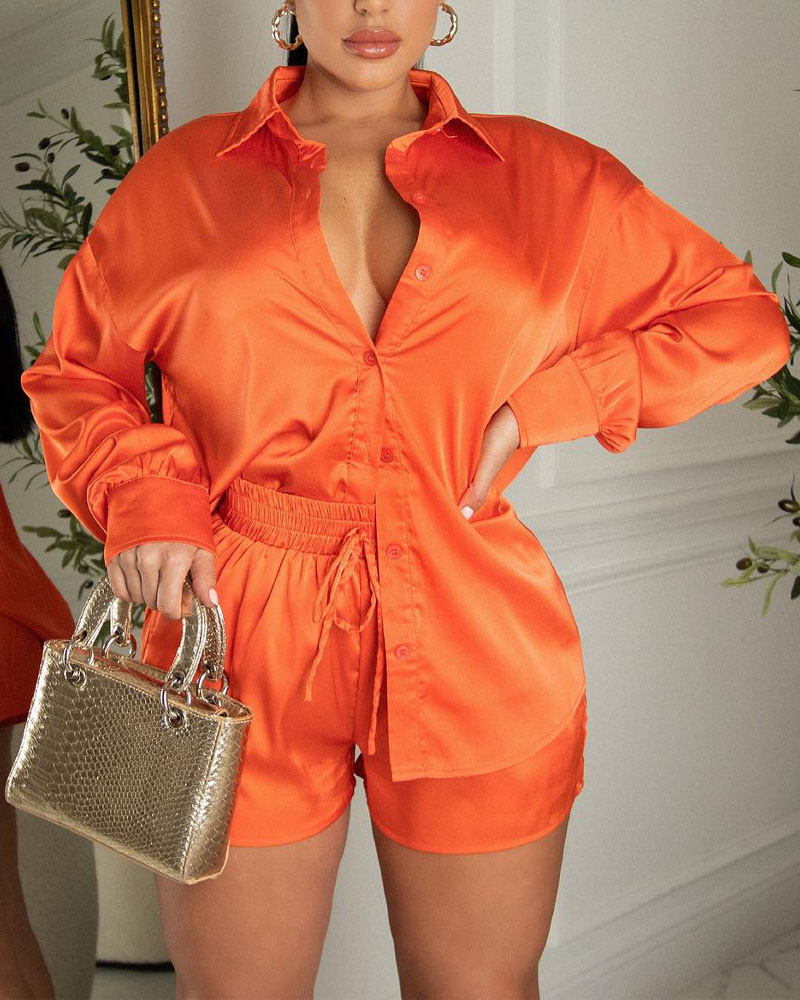 

Long Sleeve Button Down Shirt & Shorts Set, Orange