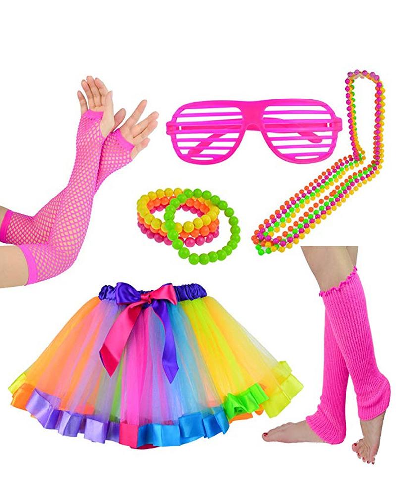 

Halloween Kids' 80s Cosplay Glasses Socks Tutu Skirt Necklace Bracelet Costume Accessories Set, Hot pink