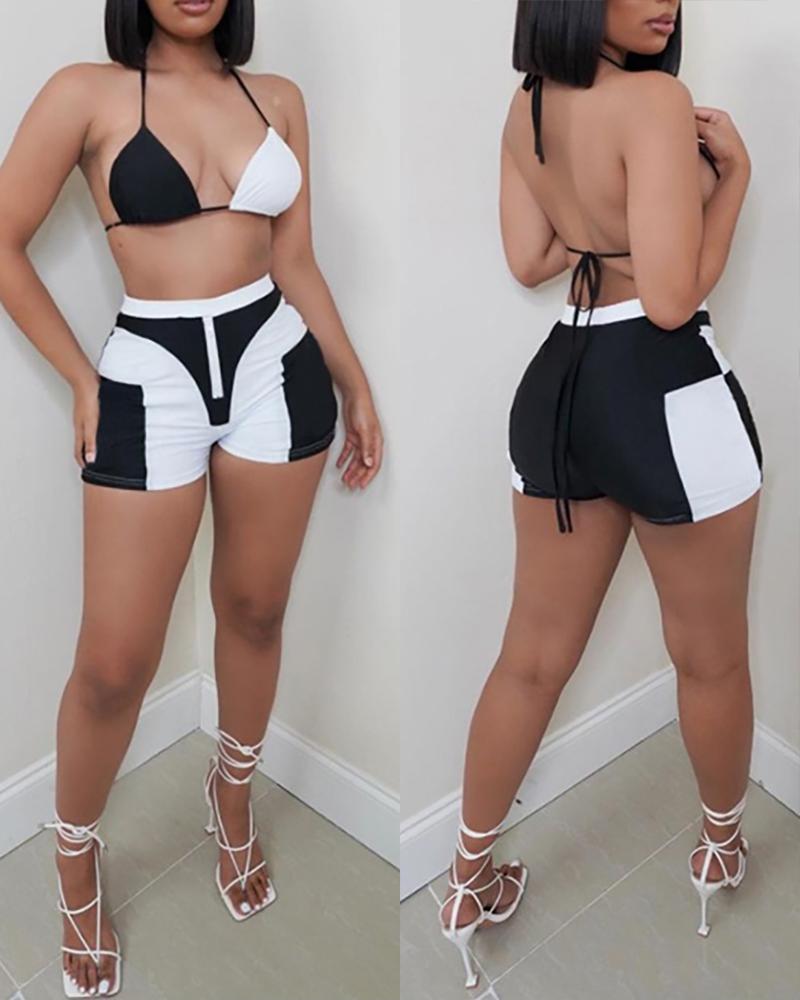 

Color Block Halter Sleeveless Bra With Short Pants Suit Sets, White