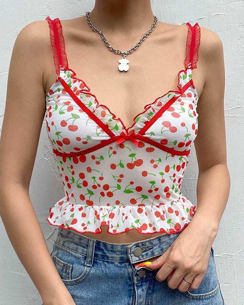 

Lettuce Trim Cherry Print Spaghetti Strap Top, Red