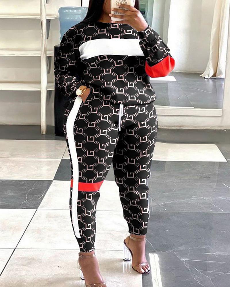 

Plus Size Geometric Print Colorblock Sweatshirt & Striped Sweatpants Set, Black