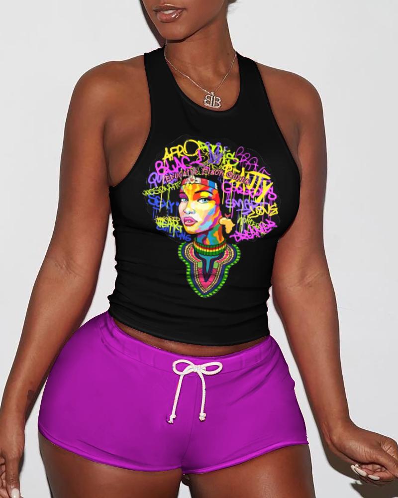 

Figure Letter Print Tank Top & Drawstring Plain Shorts Set, Purple