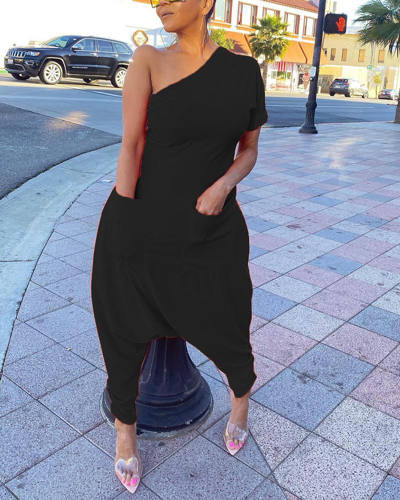 

One Shoulder Pocket Detail Harem Jumpsuit, Black