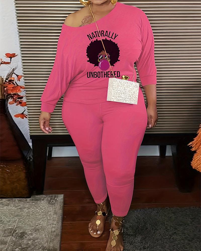 

Plus Size Letter Figure Print Top & Pants Set, Pink
