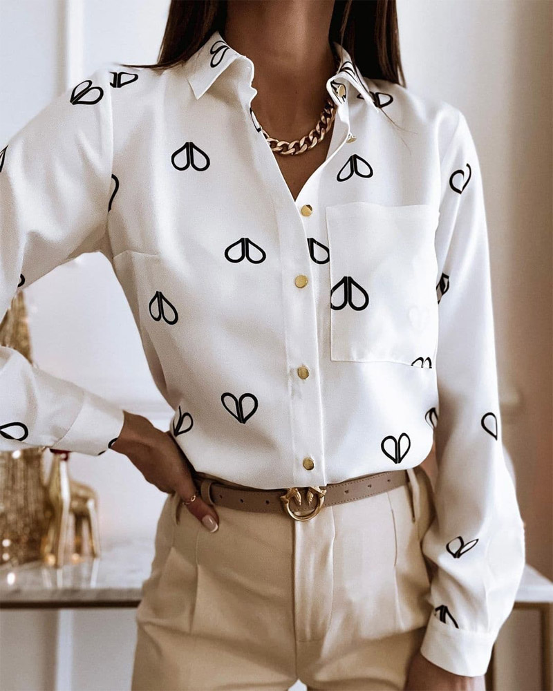 

Heart Pattern Print Pocket Design Buttoned Shirt, White