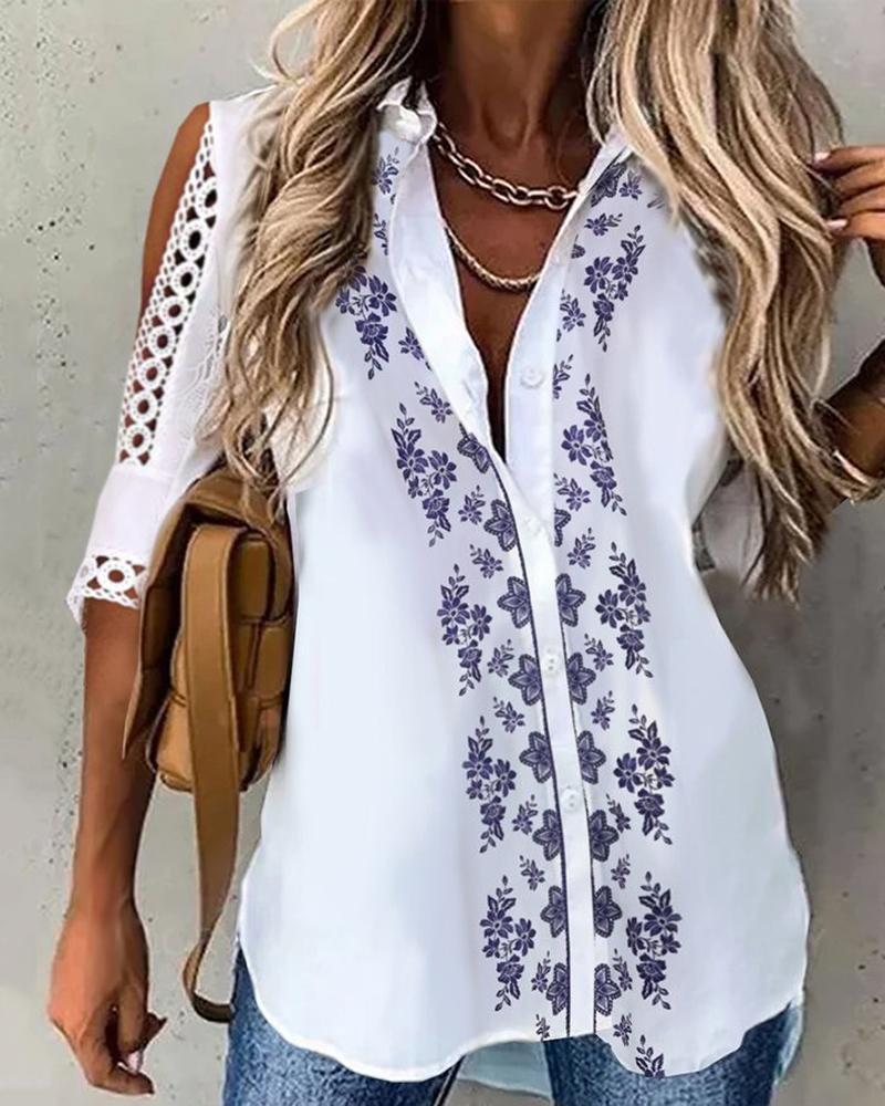 

Button Front Floral Print Lace Patch Top, White