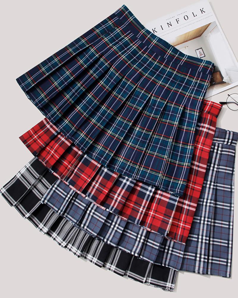 

High Waist Plaid Print Pleated Skirt, Style1