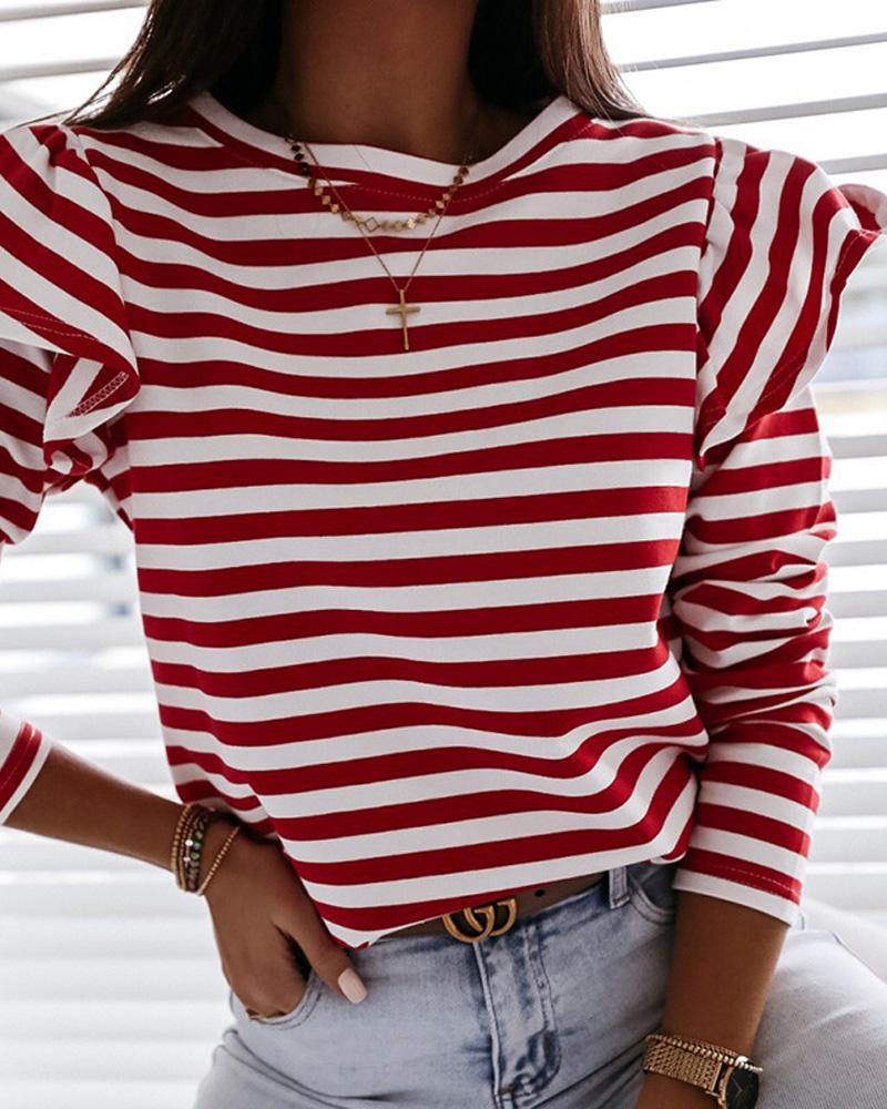 

Striped Ruffle Hem Long Sleeve Top, Red