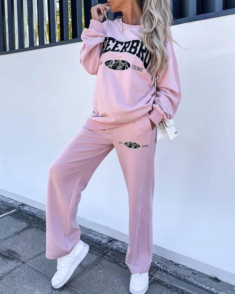 

Letter Pattern Sweatshirt & Pocket Design Sweapants Set, Pink
