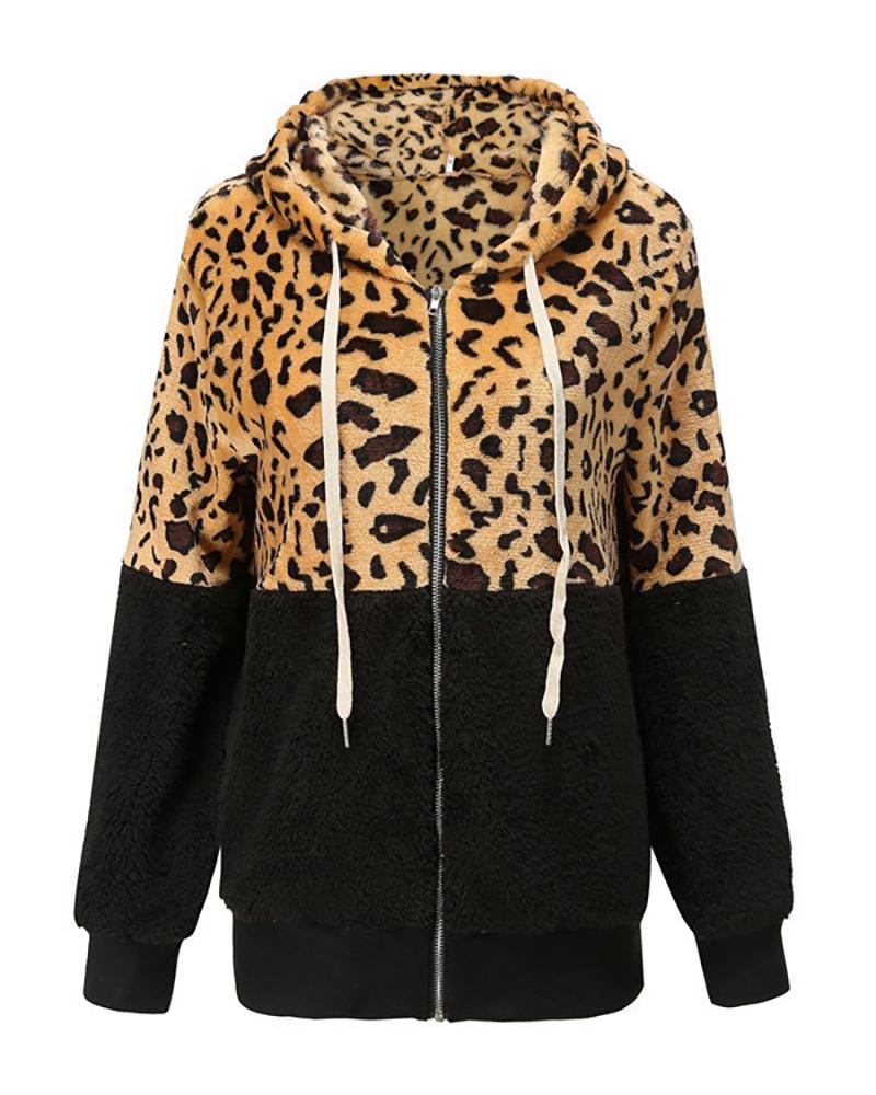 

Cheetah Print Colorblock Zip Front Hooded Teddy Coat, Black