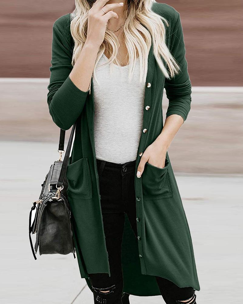 

Long Sleeve Button Front High Low Hem Cardigan, Green