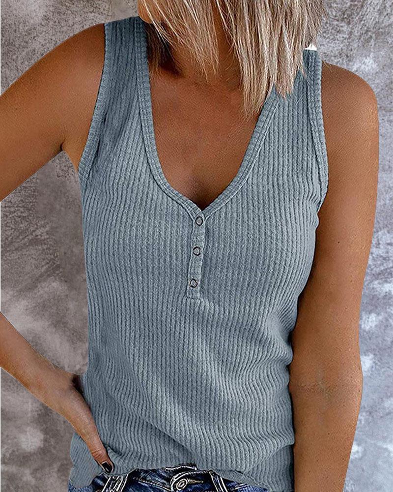 Ribbed Button Front Casual Tank Top