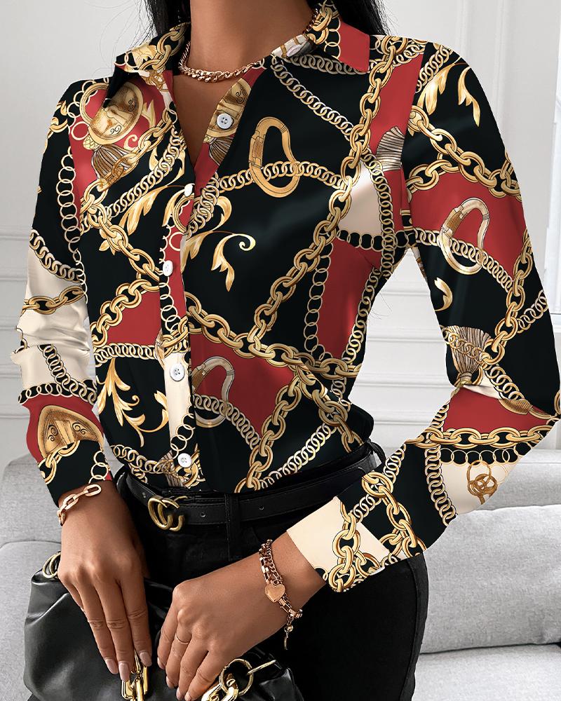 

Chain Print Button Up Long Sleeve Blouse, Black