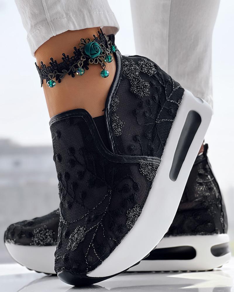 

Floral Embroidery Sheer Mesh Sneakers, Black