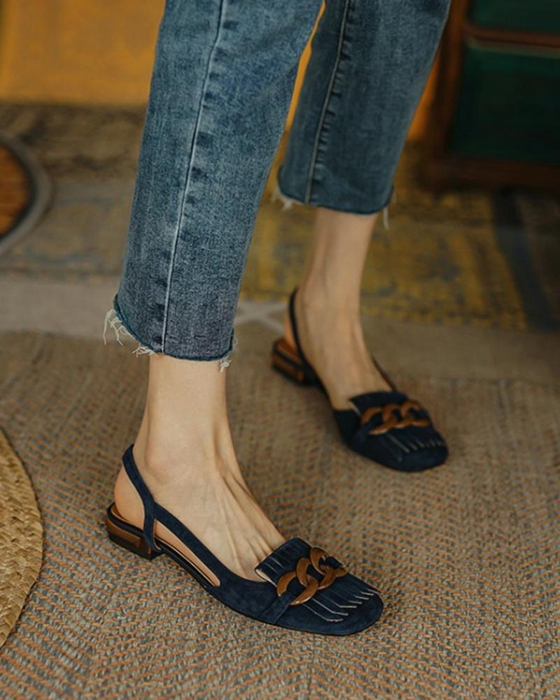 

Square-toe Solid Color Splicing Tassel Chain Suede Leather Flat Shoes, Blue