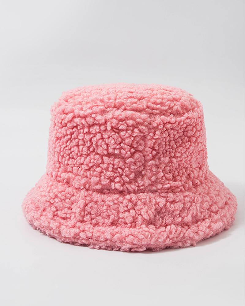 

Plain Casual Fluffy Bucket Hat, Pink