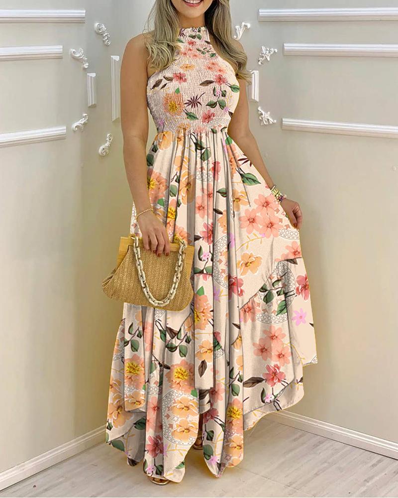 

Floral Print Halter Backless Shirred Maxi Dress, Apricot
