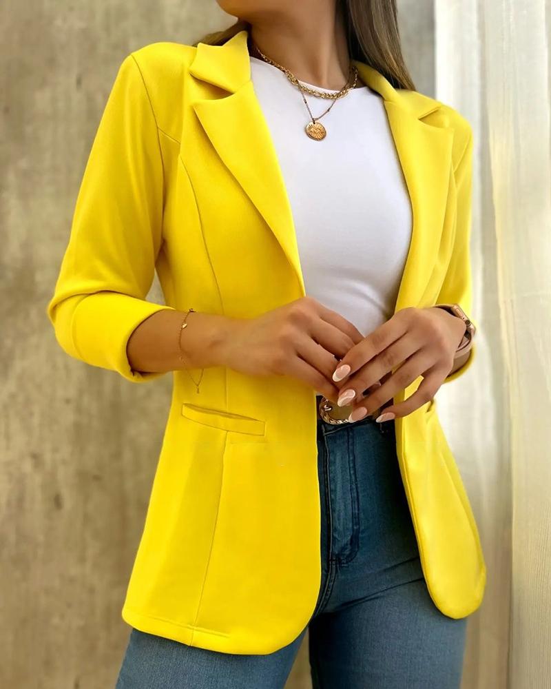 

Notched Collar Fake Pocket Blazer Coat, Yellow
