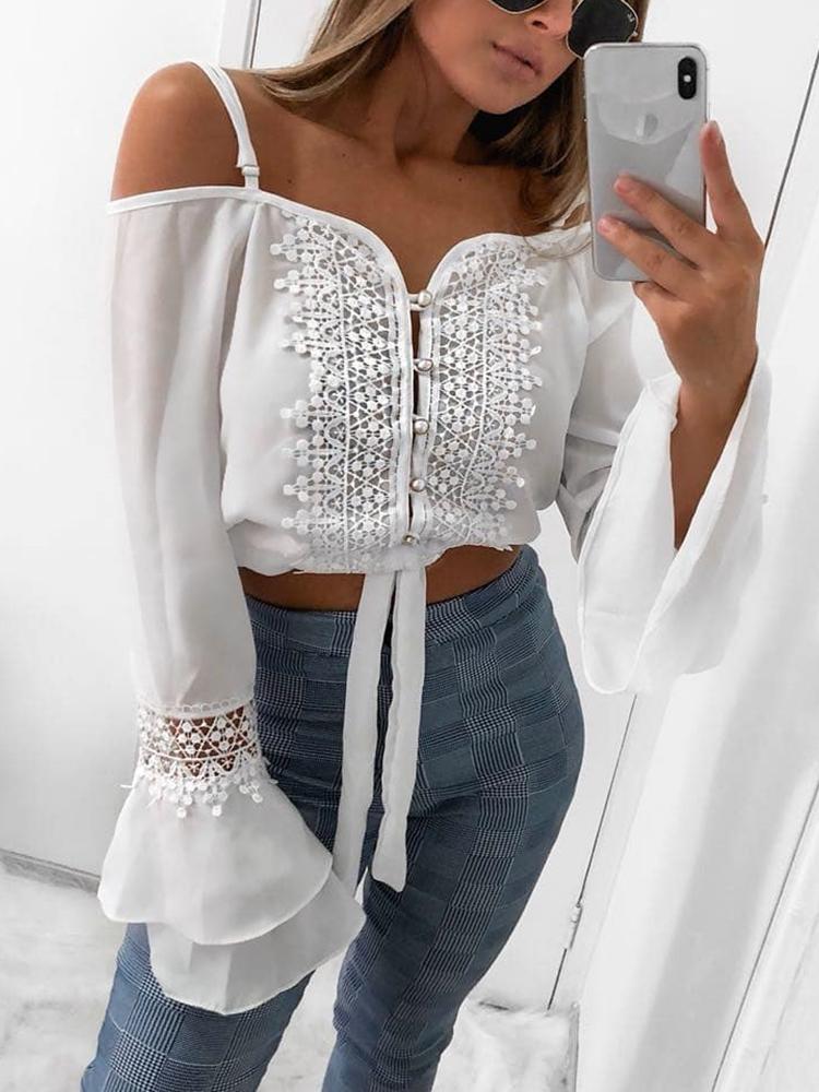 Crochet Lace Cold Shoulder Flared Sleeve Top Online. Discover hottest ...