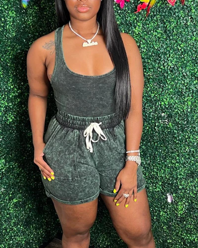 

Tie Dye Print Casual Tank Top & Drawstring Shorts Set, Green