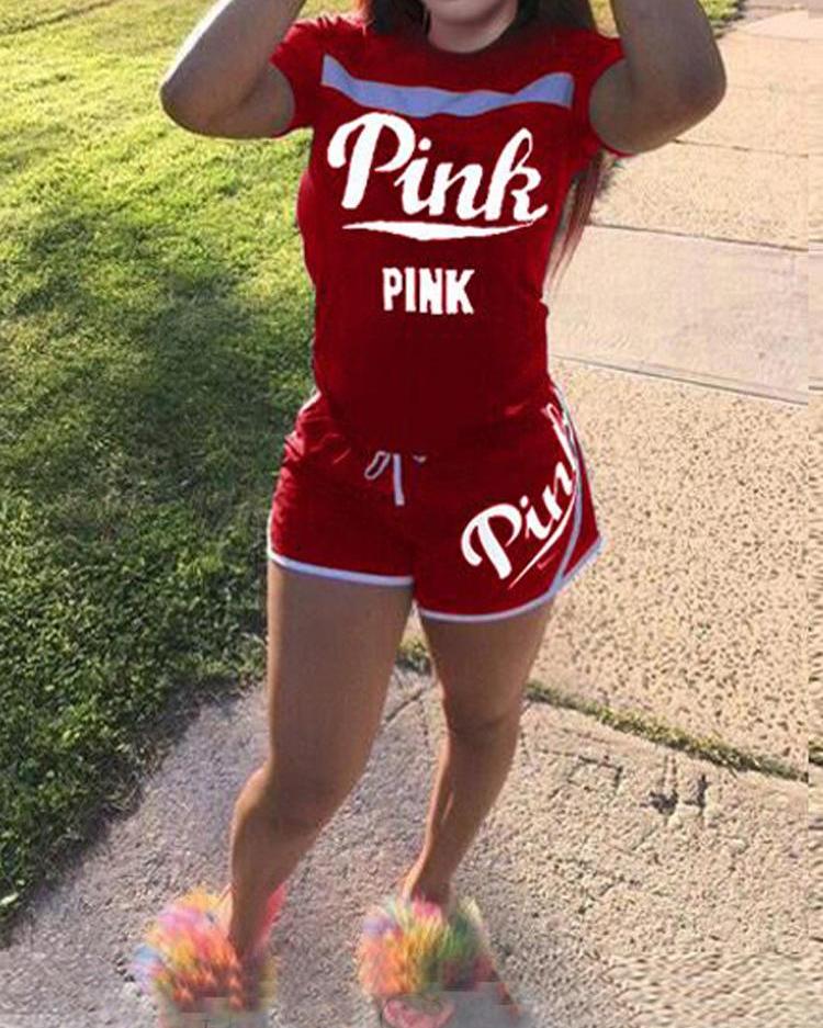 

Casual Letter Print T-Shirt & Shorts Sets, Red