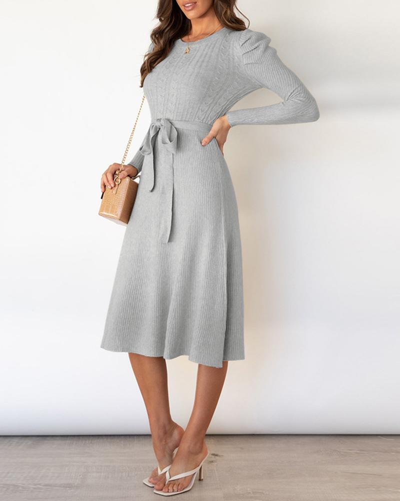 

Puff Sleeve Bowknot Decor Knit Casual Dress, Gray