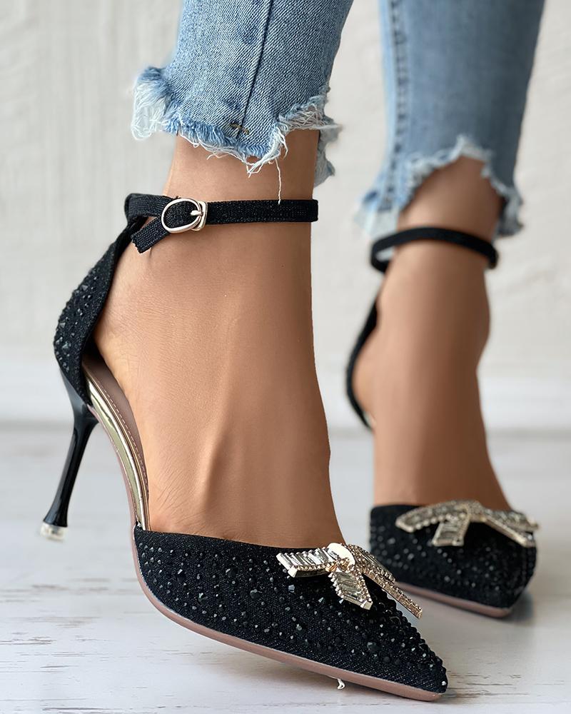 

Rhinestone Bowknot Decor Ankle Strap Wedding Guest Shoes, Black