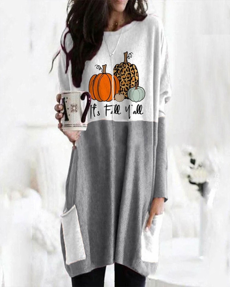 

Halloween Pumpkin Print Pocket Detail Long Sleeve Dress, Gray