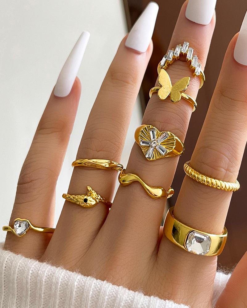 

9pcs Clan Butterfly Heart Snake Shaped Rhinestone Rings Set, Gold