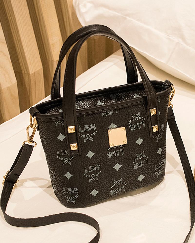 

Letter Geometric Print Satchel Bucket Bag, Black