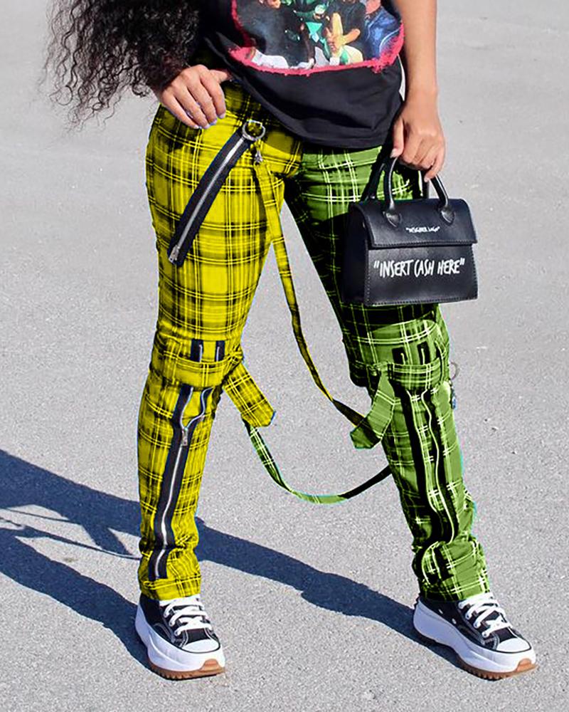 

Plaid Zipper Design Pockets Pants, Yellow