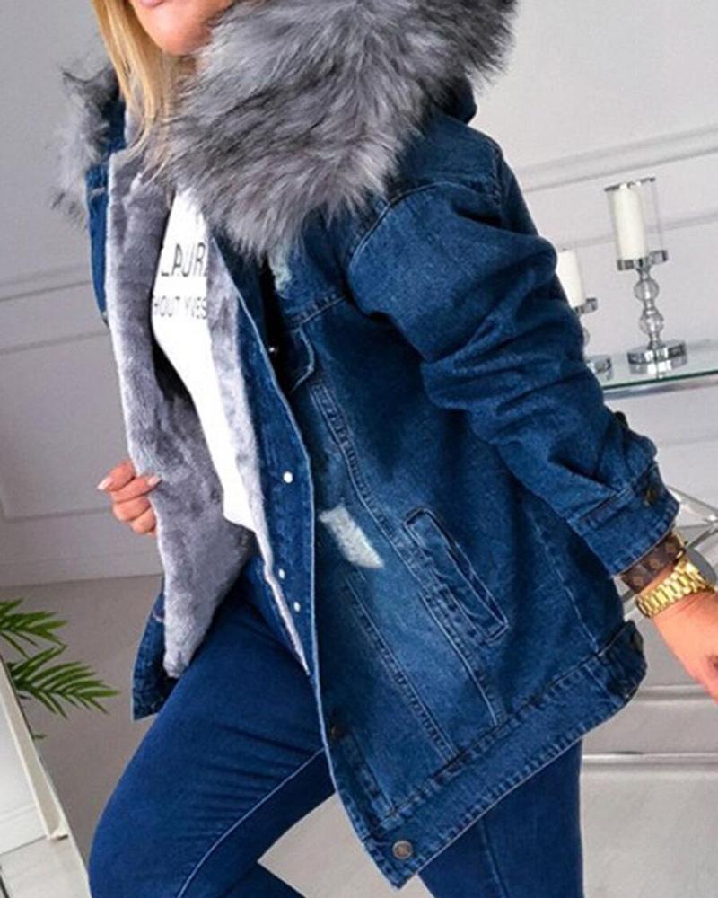 

Ripped Button Front Fuzzy Hooded Denim Coat, Dark blue