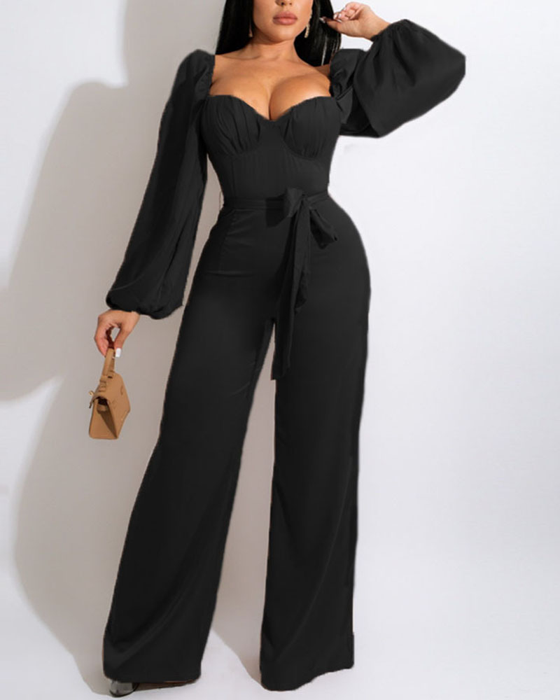 

Puff Lantern Sleeve Shirred Back Belted Jumpsuit, Black
